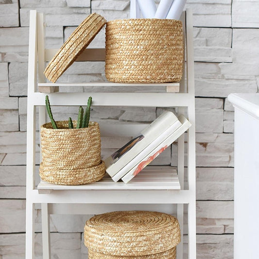 Set of 3 Woven Seagrass Storage Baskets With Lid Foldable Multiple Purpose Hand Woven Eco Friendly Laundry & Sundries Baskets
