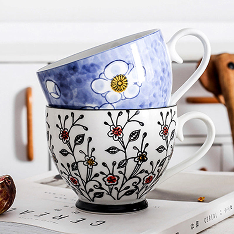 Lovely Hand Painted Floral Ceramic Breakfast Tea Coffee Mug Large Tea Cup Porcelain Coffee Cup Country Farmhouse Drinkware 1Pc 400ml