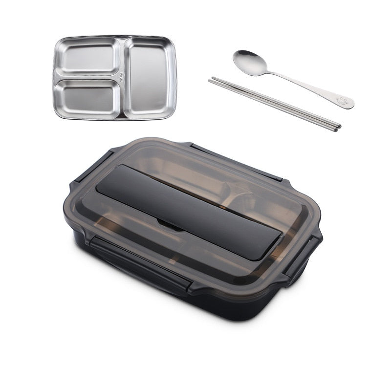 Stainless Steel Leak-Proof Lunch Box Partitioned Meal Container With Spoon Portable Dinnerware Bento Box Lunch Boxes For Travel Picnics
