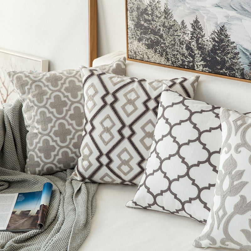 Shades of Gray Geometric Embroidery Cushion Cover 45x45cm For Sofa Cushions Square Designer Modern Pillow Cases For Living Room Bedroom Contemporary Home Decor