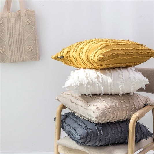 Stylish Rustic Vintage Solid Color Square Cushion Covers Ivory Gray Yellow Plain With Ragged Tassel Frayed Cushion Cases For Living Room Bedroom Decor 45x45cm