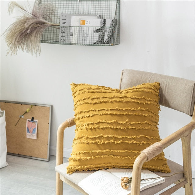 Stylish Rustic Vintage Solid Color Square Cushion Covers Ivory Gray Yellow Plain With Ragged Tassel Frayed Cushion Cases For Living Room Bedroom Decor 45x45cm