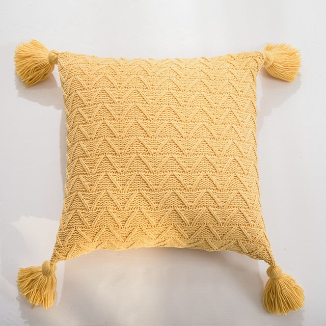 Nordic Knitted Twill Tasseled Cushion Case 45x45cm Subtle Colors Pink Gray Cream Blue Decorative Covers For Sofa Throw Cushions Latest Trends Stylish Home Decor