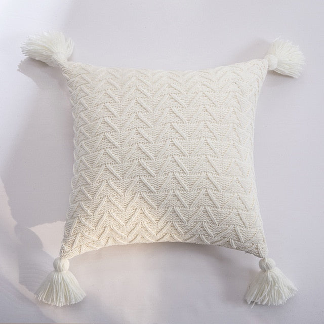 Nordic Knitted Twill Tasseled Cushion Case 45x45cm Subtle Colors Pink Gray Cream Blue Decorative Covers For Sofa Throw Cushions Latest Trends Stylish Home Decor