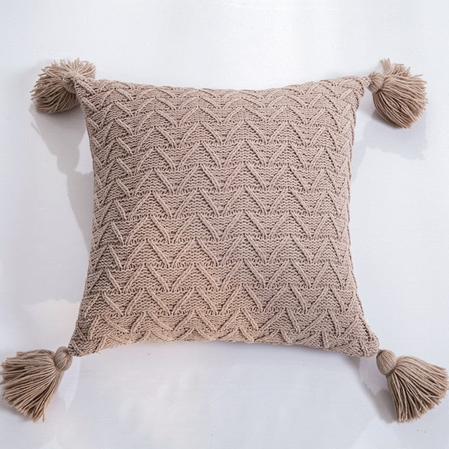 Nordic Knitted Twill Tasseled Cushion Case 45x45cm Subtle Colors Pink Gray Cream Blue Decorative Covers For Sofa Throw Cushions Latest Trends Stylish Home Decor