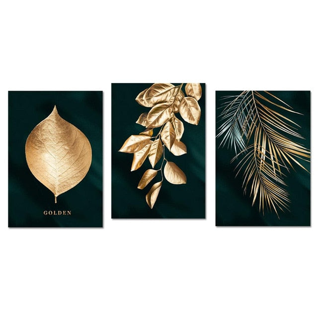 Golden Leaves Wall Art Minimalist Abstract Botanical Fine Art Canvas Prints Modern Pictures For Living Room Dining Room Hotel Home Office Interior Decor
