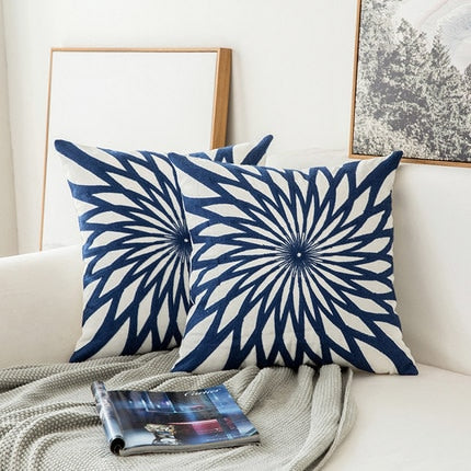 Embroidered Navy Blue White Cushion Cover Modern Geometric Floral Design Canvas Cotton Pillow Covers 45x45cm Sofa Cushions For Living Room Bedroom Home Decor