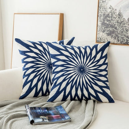 Embroidered Navy Blue White Cushion Cover Modern Geometric Floral Design Canvas Cotton Pillow Covers 45x45cm Sofa Cushions For Living Room Bedroom Home Decor