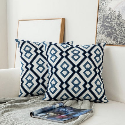 Embroidered Navy Blue White Cushion Cover Modern Geometric Floral Design Canvas Cotton Pillow Covers 45x45cm Sofa Cushions For Living Room Bedroom Home Decor