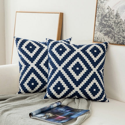 Embroidered Navy Blue White Cushion Cover Modern Geometric Floral Design Canvas Cotton Pillow Covers 45x45cm Sofa Cushions For Living Room Bedroom Home Decor