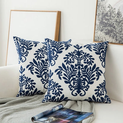 Embroidered Navy Blue White Cushion Cover Modern Geometric Floral Design Canvas Cotton Pillow Covers 45x45cm Sofa Cushions For Living Room Bedroom Home Decor