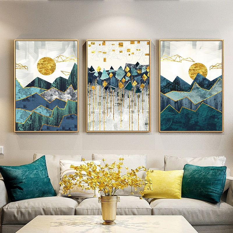 Nordic Abstract Golden Sun Landscape Wall Art Fine Art Canvas Prints Modern Scandinavian Geometric Mountain Pictures For Living Room Home Office Decor