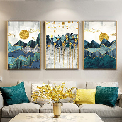 Nordic Abstract Golden Sun Landscape Wall Art Fine Art Canvas Prints Modern Scandinavian Geometric Mountain Pictures For Living Room Home Office Decor