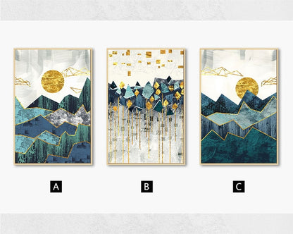 Nordic Abstract Golden Sun Landscape Wall Art Fine Art Canvas Prints Modern Scandinavian Geometric Mountain Pictures For Living Room Home Office Decor