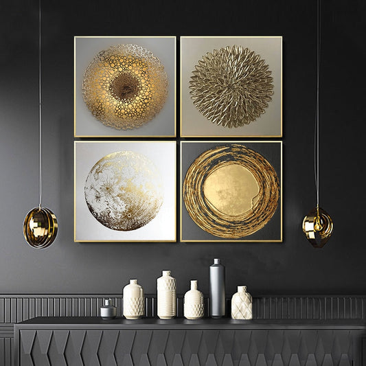 Modern Golden Abstract Elements Designer Wall Art Fine Art Canvas Prints Luxury Pictures For Loft Apartment Living Room Home Office Contemporary Art Decor