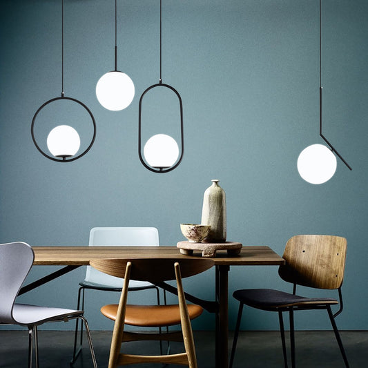 Nordic Glass Sphere LED Pendant Lamp Modern Suspended Glass Ball Designer Ceiling Light For Living Room Dining Room In Black Chrome or Brass