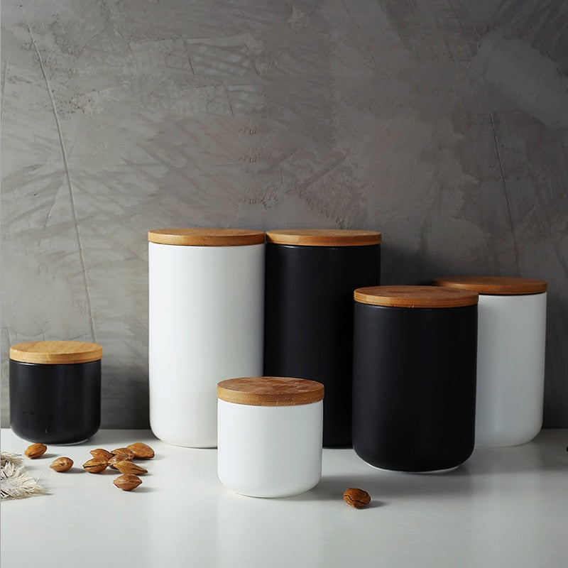 Matt Black Porcelain Sealed Storage Pots With Wooden Lids Ceramic Containers With Wood Cap Black White 3 Sizes For Coffee Tea Rice Pasta etc