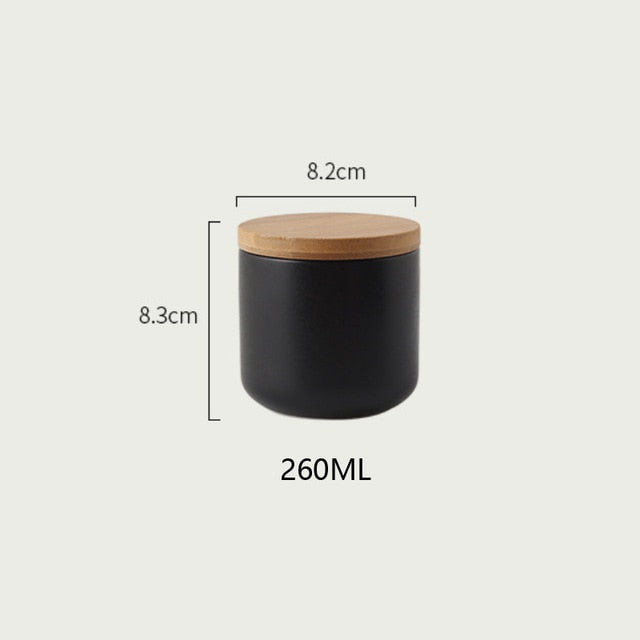 Matt Black Porcelain Sealed Storage Pots With Wooden Lids Ceramic Containers With Wood Cap Black White 3 Sizes For Coffee Tea Rice Pasta etc