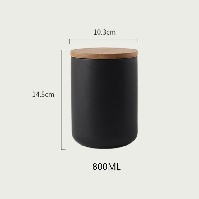 Matt Black Porcelain Sealed Storage Pots With Wooden Lids Ceramic Containers With Wood Cap Black White 3 Sizes For Coffee Tea Rice Pasta etc