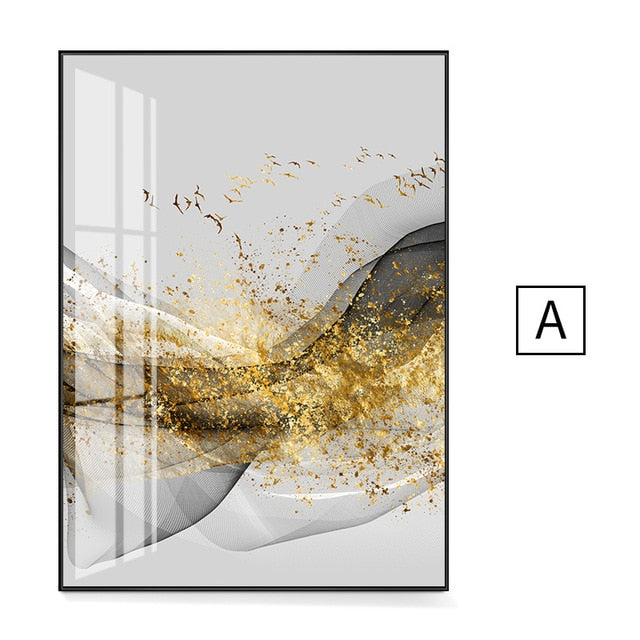 Golden Mountain Abstract Wall Art Fine Art Canvas Print Minimalist White Black Geometric Flowing Design Luxury Pictures For Modern Loft Apartment Living Room Office Wall Art Decor