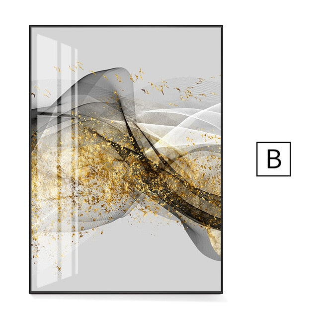 Golden Mountain Abstract Wall Art Fine Art Canvas Print Minimalist White Black Geometric Flowing Design Luxury Pictures For Modern Loft Apartment Living Room Office Wall Art Decor