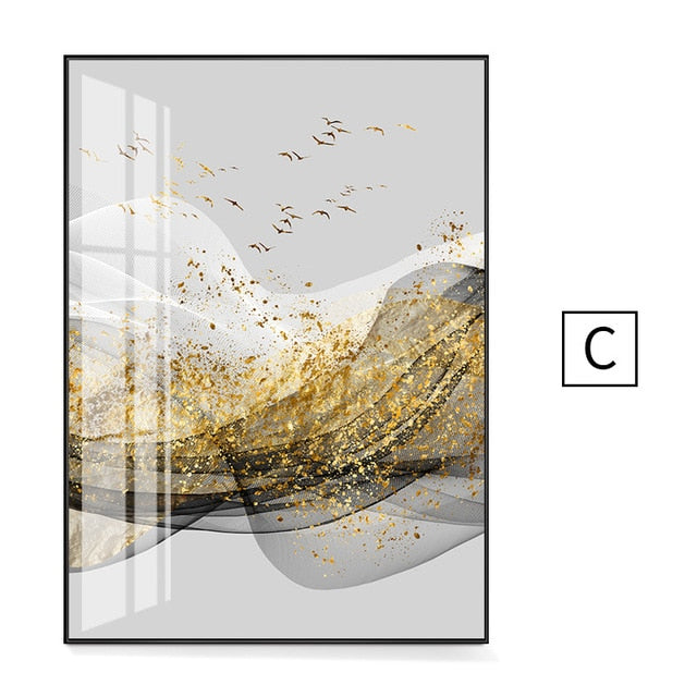 Golden Mountain Abstract Wall Art Fine Art Canvas Print Minimalist White Black Geometric Flowing Design Luxury Pictures For Modern Loft Apartment Living Room Office Wall Art Decor