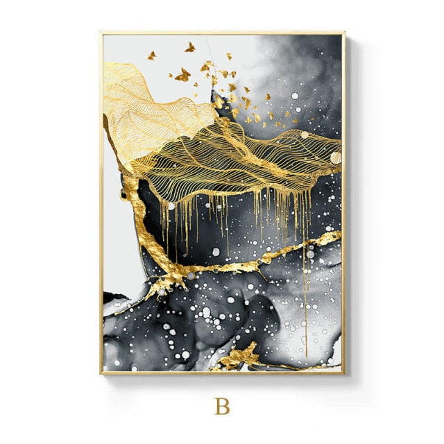 Black White Golden Butterflies Birds Fishes Modern Abstract Auspicious Wall Art Fine Art Canvas Prints For Living Room Dining Room Home Office Decor