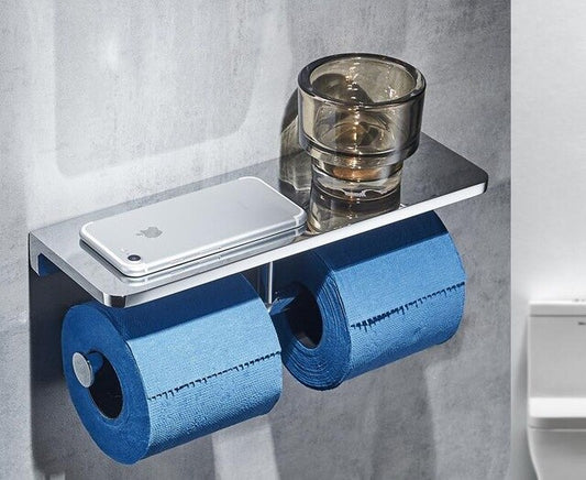 Wall Mounted Luxury Toilet Roll Holder With Handy Phone Shelf Glossy Silver Electroplated Brass Loo Roll Rack Bathroom Fitting With Phone Holder Shelf