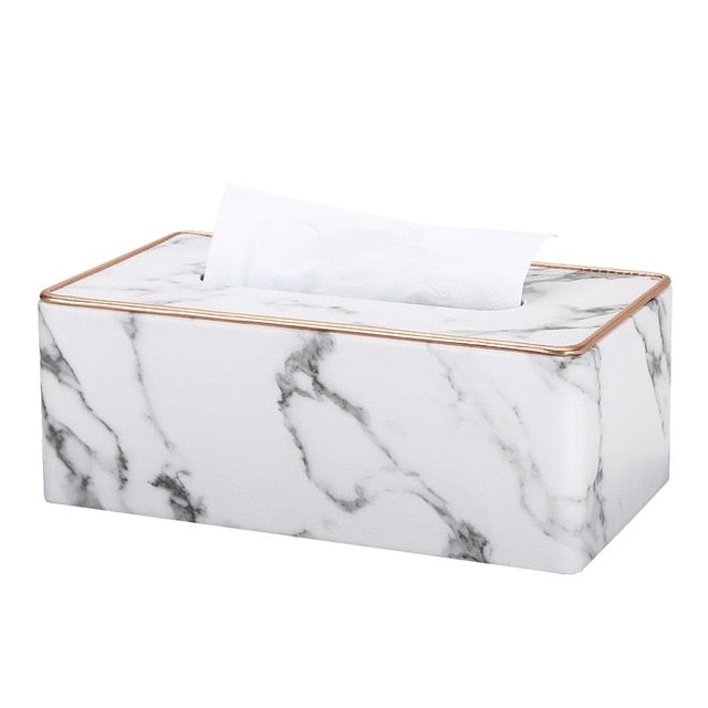 Marble Grain Desktop Tissue Box Nordic Style Washroom Towel Dispenser Tissue Box For Office Home Kitchen Living Room PU Leather With Golden Metal Rim