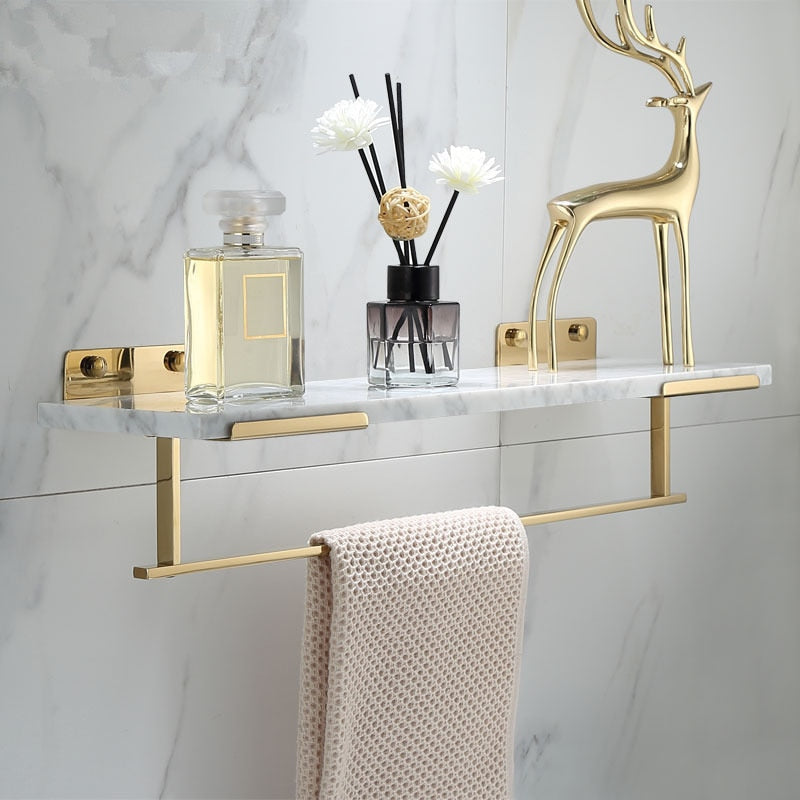 White Marble Bathroom Shelf For Cosmetics Gold Bath Shower Shelving Wall Mounted Elegant Marble Slab Modern Luxury Brass Fittings Bathroom Storage