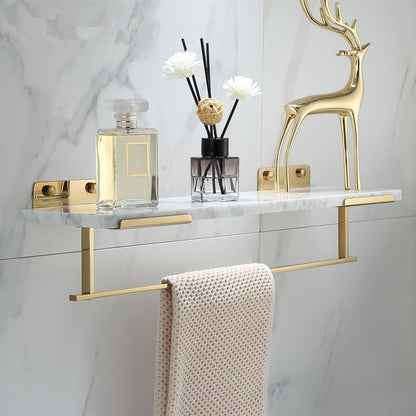 White Marble Bathroom Shelf For Cosmetics Gold Bath Shower Shelving Wall Mounted Elegant Marble Slab Modern Luxury Brass Fittings Bathroom Storage