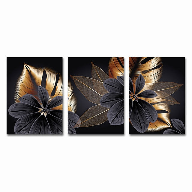 Black Golden Botanic Leaves Wall Art Fine Art Canvas Prints Modern Elegant Pictures For Stylish Living Room Dining Room Home Office Luxury Wall Art Decor