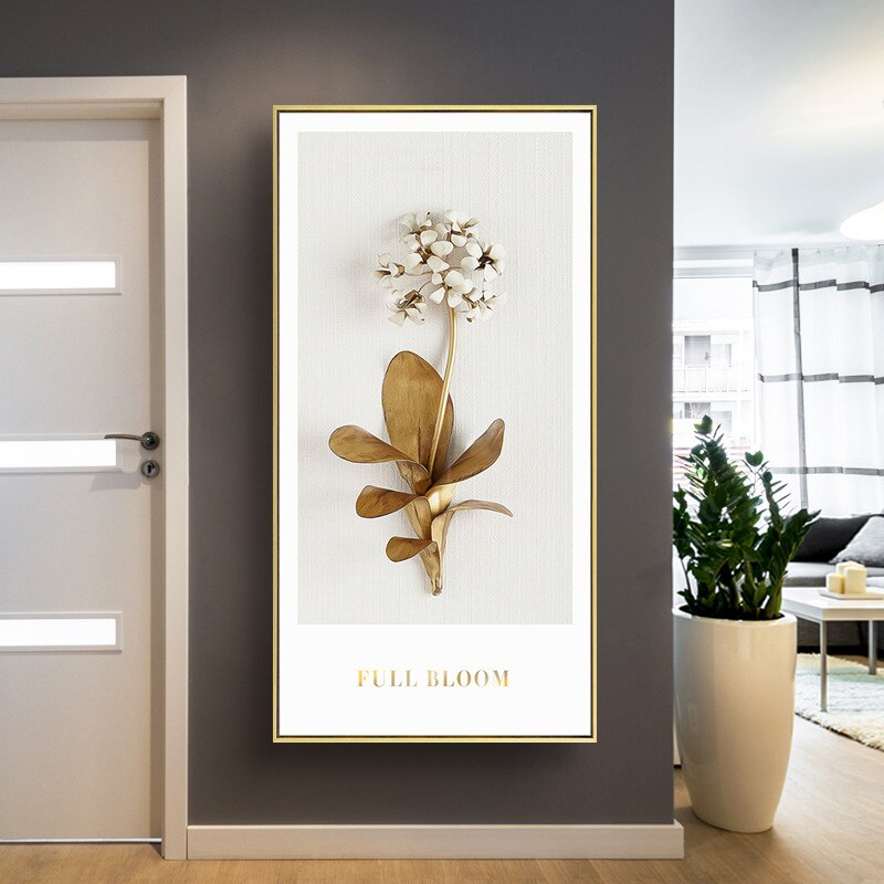 Golden White Flowers Wall Art Fine Art Canvas Prints Modern Contemporary Botanical Wall Art For Living Room Bedroom Dining Room Home Interior Decor