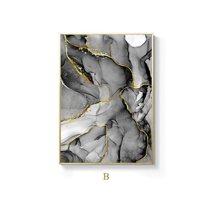 Black White Golden Marble Effect Abstract Wall Art Fine Art Canvas Prints For Modern Apartment Living Room Home Decor
