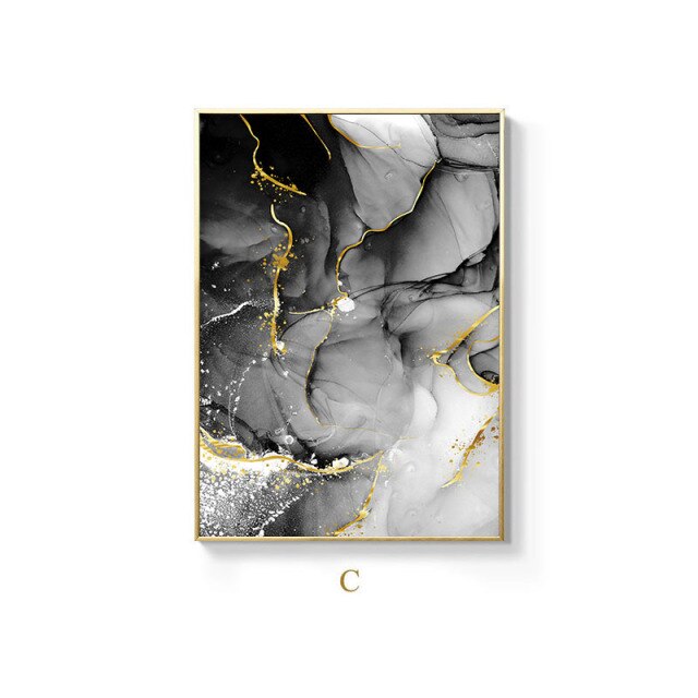 Black White Golden Marble Effect Abstract Wall Art Fine Art Canvas Prints For Modern Apartment Living Room Home Decor