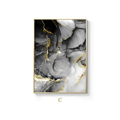 Black White Golden Marble Effect Abstract Wall Art Fine Art Canvas Prints For Modern Apartment Living Room Home Decor