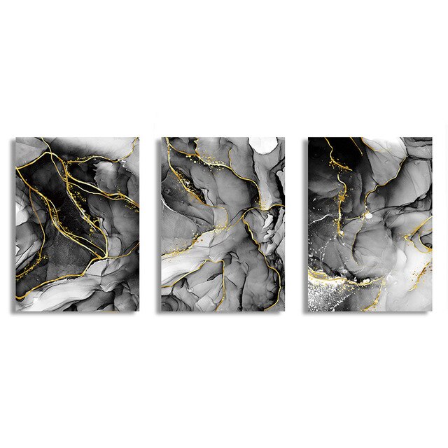Black White Golden Marble Effect Abstract Wall Art Fine Art Canvas Prints For Modern Apartment Living Room Home Decor