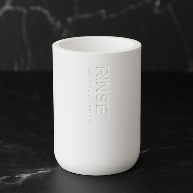 Modern Designer Bathroom Accessories Brush Rinse Soap Lotion Dispenser Toothbrush Holder Soap Tray Gargle Cup Washroom Set in Matte Black or Matte White