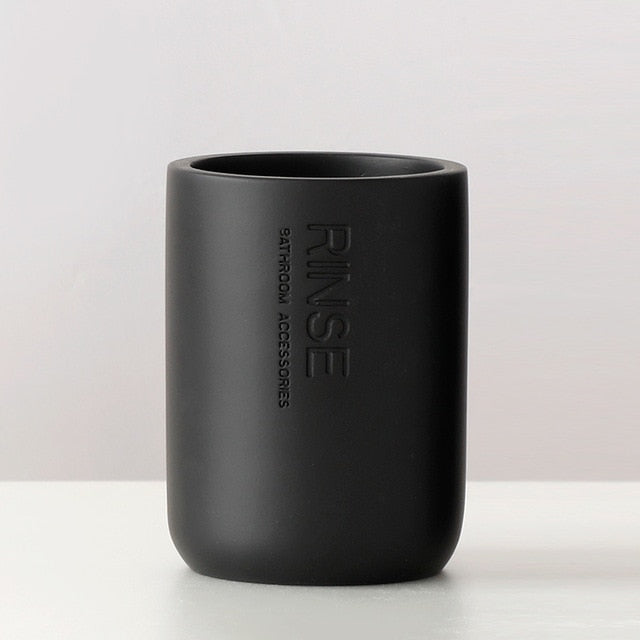 Modern Designer Bathroom Accessories Brush Rinse Soap Lotion Dispenser Toothbrush Holder Soap Tray Gargle Cup Washroom Set in Matte Black or Matte White