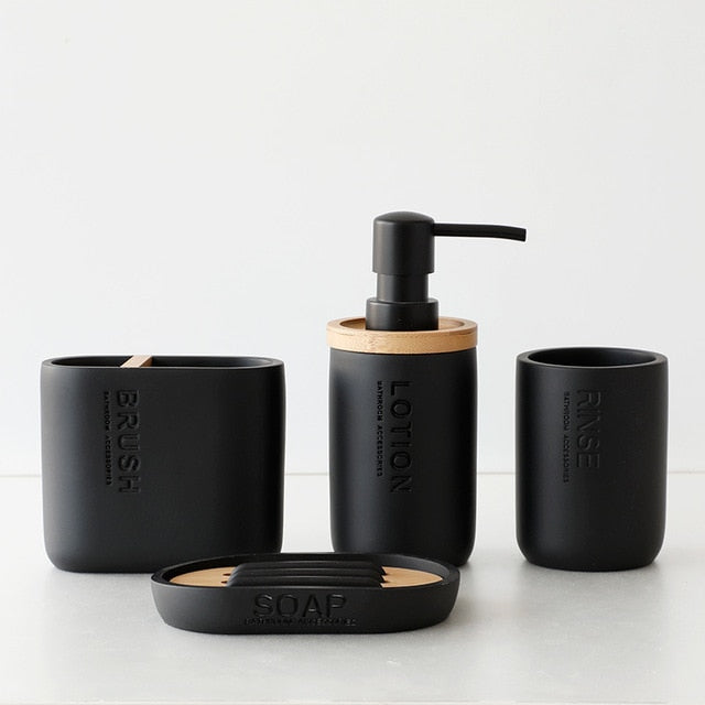Modern Designer Bathroom Accessories Brush Rinse Soap Lotion Dispenser Toothbrush Holder Soap Tray Gargle Cup Washroom Set in Matte Black or Matte White
