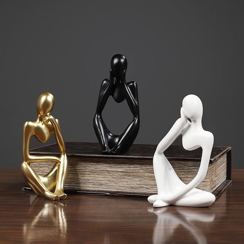 Arty Abstract Thinker Statues Resin Sculptures Ornamental Figurines Delightful Decoration Living Room Mantelpiece Ornaments In Black Gold & White