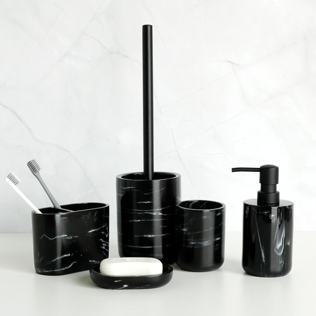 Minimalist Black White Marble Style Bathroom Accessories Set Liquid Soap Dispenser Toothbrush Holder Rinse Cup Soap Dish Toilet Brush Modern Washroom Essentials