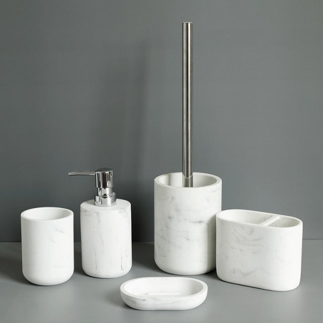 Minimalist Black White Marble Style Bathroom Accessories Set Liquid Soap Dispenser Toothbrush Holder Rinse Cup Soap Dish Toilet Brush Modern Washroom Essentials