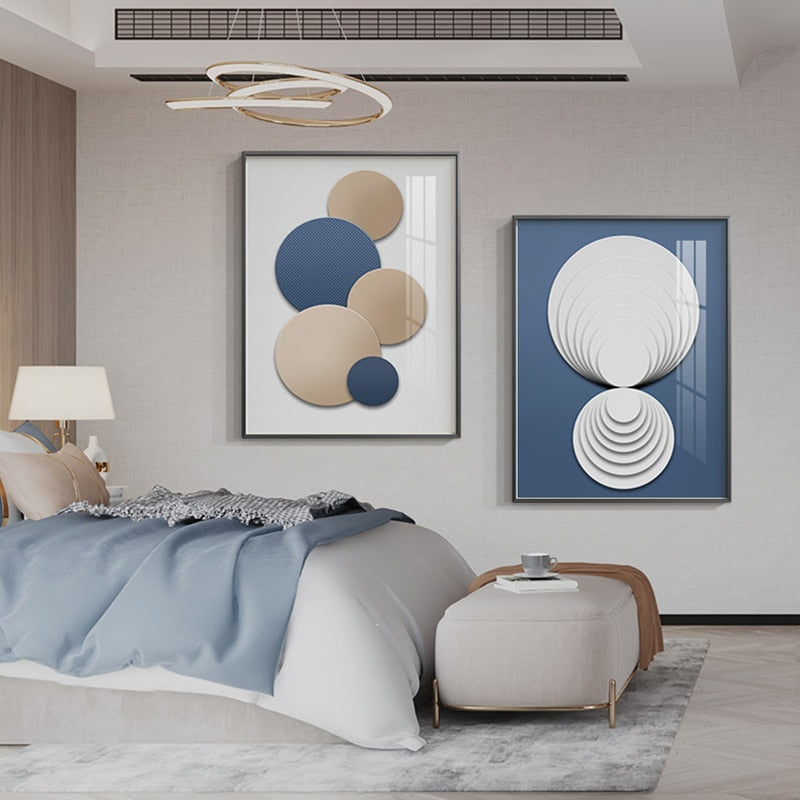 White Blue Beige Spherical Formations Modern Abstract Wall Art Fine Art Canvas Prints Minimalist Pictures For Luxury Bedroom Living Room Home Office Decor