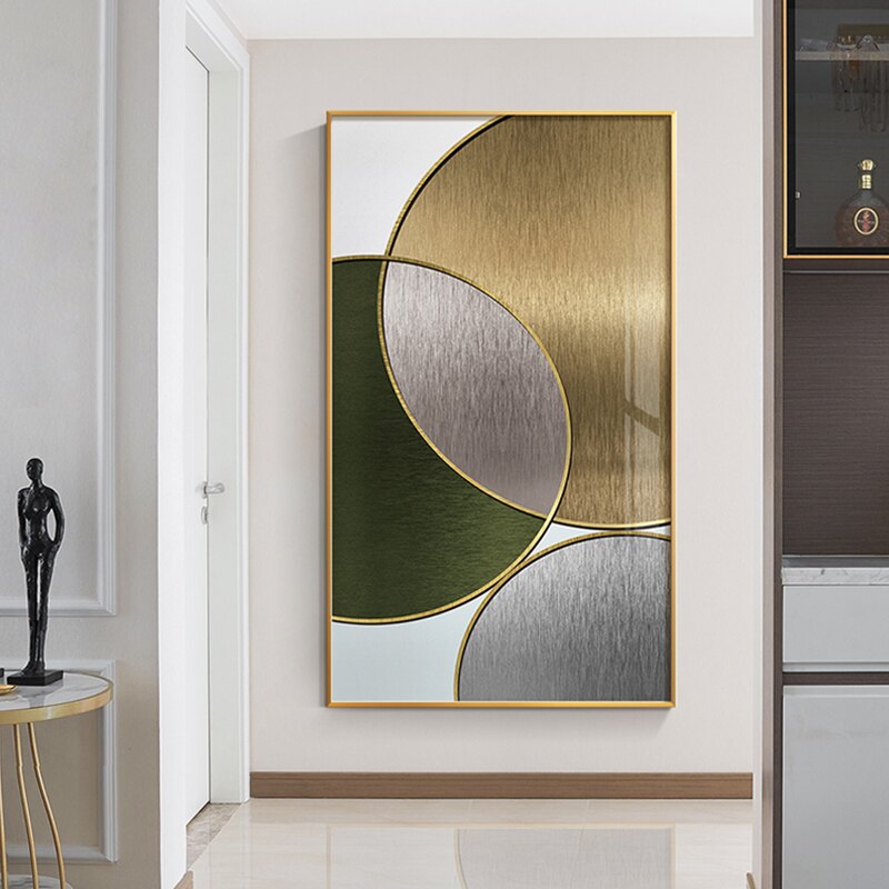 Modern Aesthetics Abstract Interlocking Circles Wall Art Fine Art Canvas Prints Golden Green Gray Symmetrical Design Pictures For Home Office Interior Decor