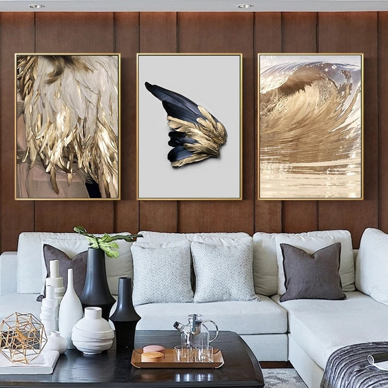 Modern Chic Abstract Golden Feathers Wall Art Sea Surf Feathered Wing Fine Art Canvas Print Pictures For Luxury Living Room Bedroom Glam Home Decor
