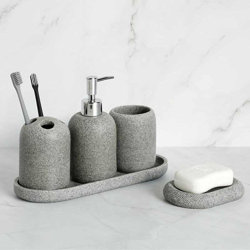 Contemporary Design Bathroom Accessories Liquid Soap Dispenser Toothbrush Holder Hand SoapTray Tumbler Luxury Washroom Set in Granite Gray and Yellow Sand