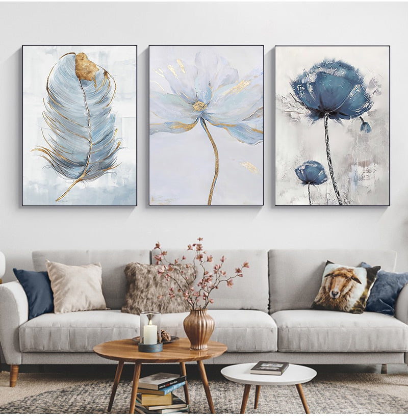 Scandinavian Blue Floral Wall Art Fine Art Feather Canvas Prints Subtle Colors Flower Pictures For Living Room Bedroom Nordic Home Interior Decor