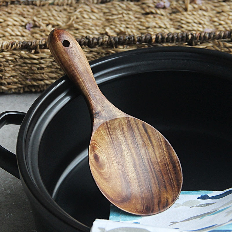 Big Teak Rice Paddle Natural Wood Kitchen Utensil Serving Spoon For Rice Big Potatoes Table Spoon High Quality Solid Wood Kitchen Utensil