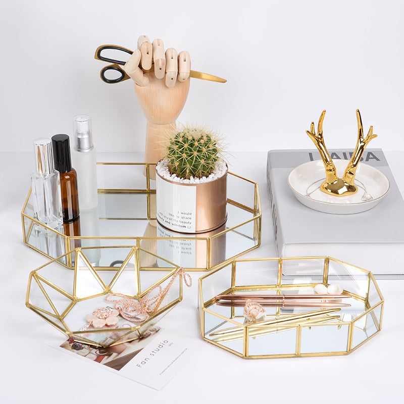 Exquisite Style Gold &amp; Glass Nordic Storage Trays Retro Art Deco Themed Brass Makeup Storage Golden Geometric Glass Trays